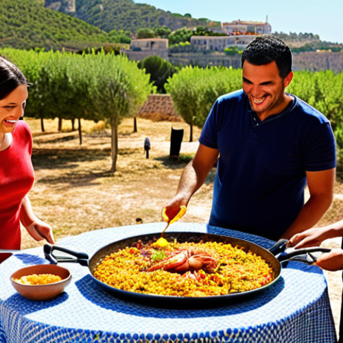 Home 11 **Prompt:** "A sun-drenched Valencian paella being prepared outdoors, vibrant colors, friends gathered around laughing, ingredients like saffron and fresh seafood visible, Spanish countryside backdrop, warm and inviting atmosphere."