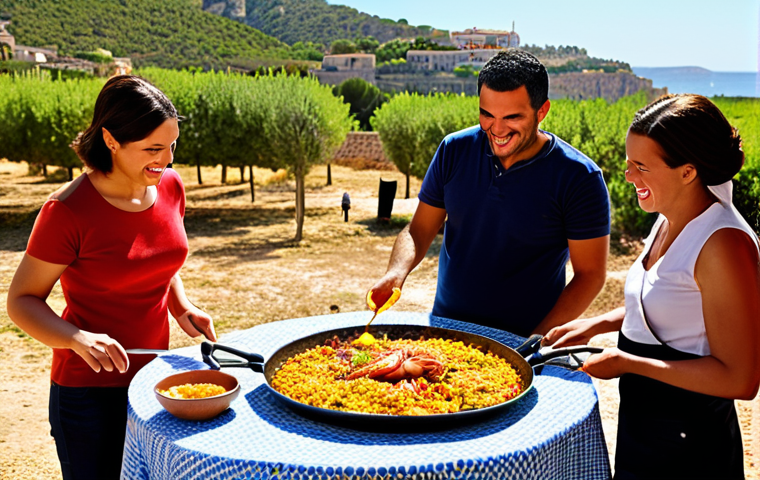 **Prompt:** "A sun-drenched Valencian paella being prepared outdoors, vibrant colors, friends gathered around laughing, ingredients like saffron and fresh seafood visible, Spanish countryside backdrop, warm and inviting atmosphere."