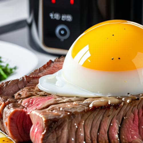Home 6 **A perfectly cooked steak with a liquid yolk egg beside it, styled in a modern kitchen with a Sous Vide device in the background. The scene should highlight the precision and culinary science of Sous Vide cooking.**